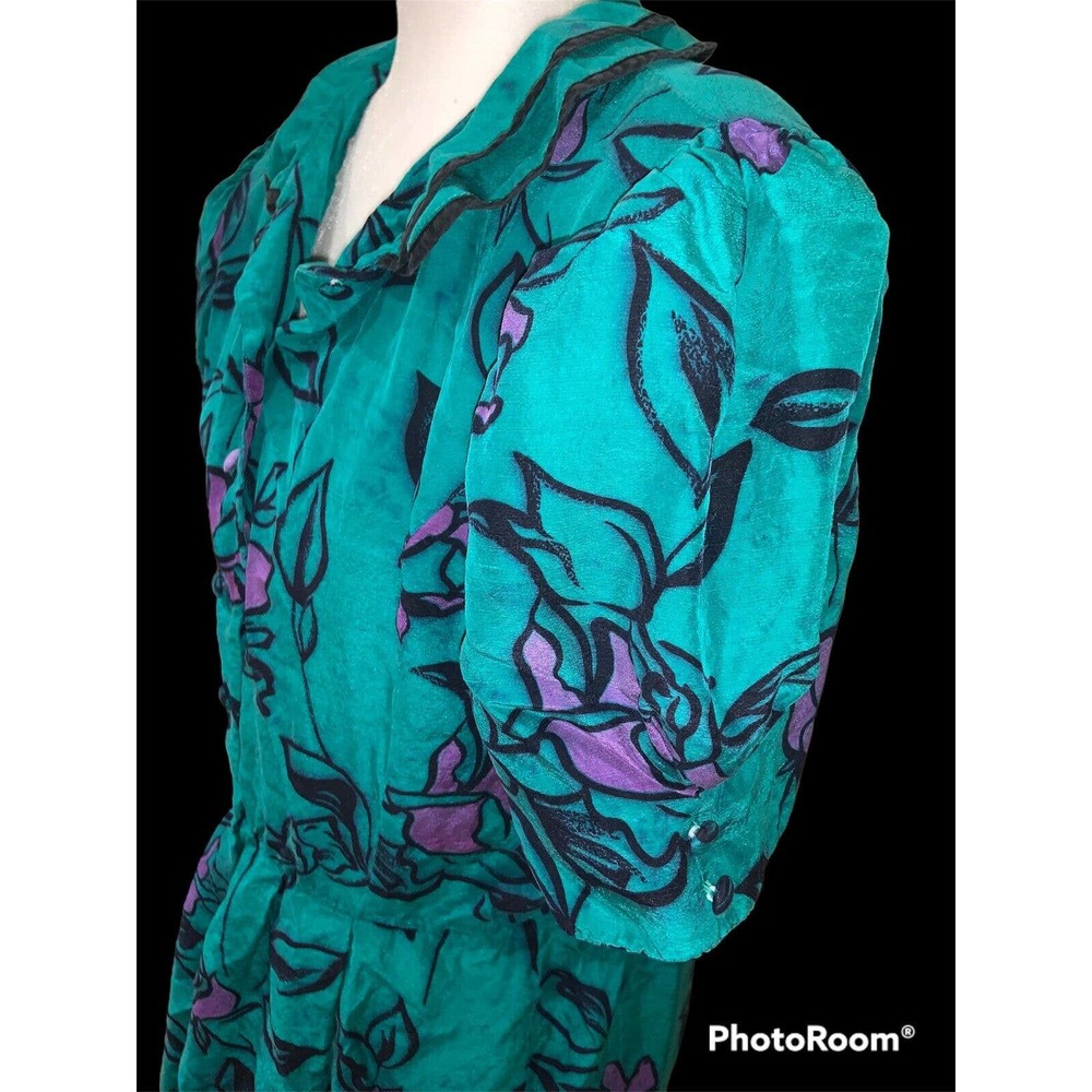 Vintage 80s Jack Mulqueen Size 14 Green 100% Silk Floral Print Dress - Picture 4 of 5